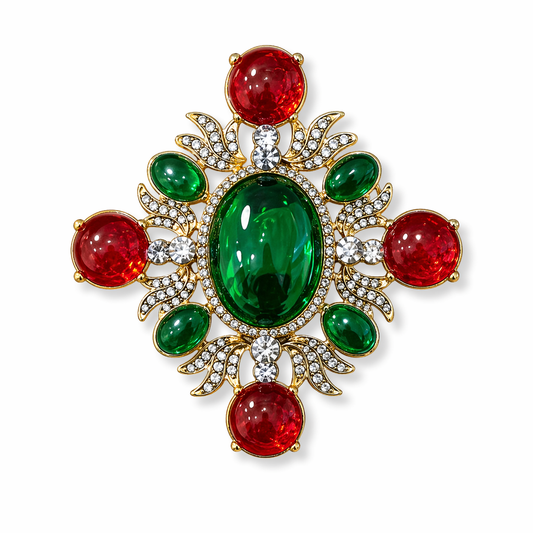 VINTAGE STYLE EMERALD & RUBY CABOCHON BROOCH – BAROQUE CROSS STATEMENT PIN