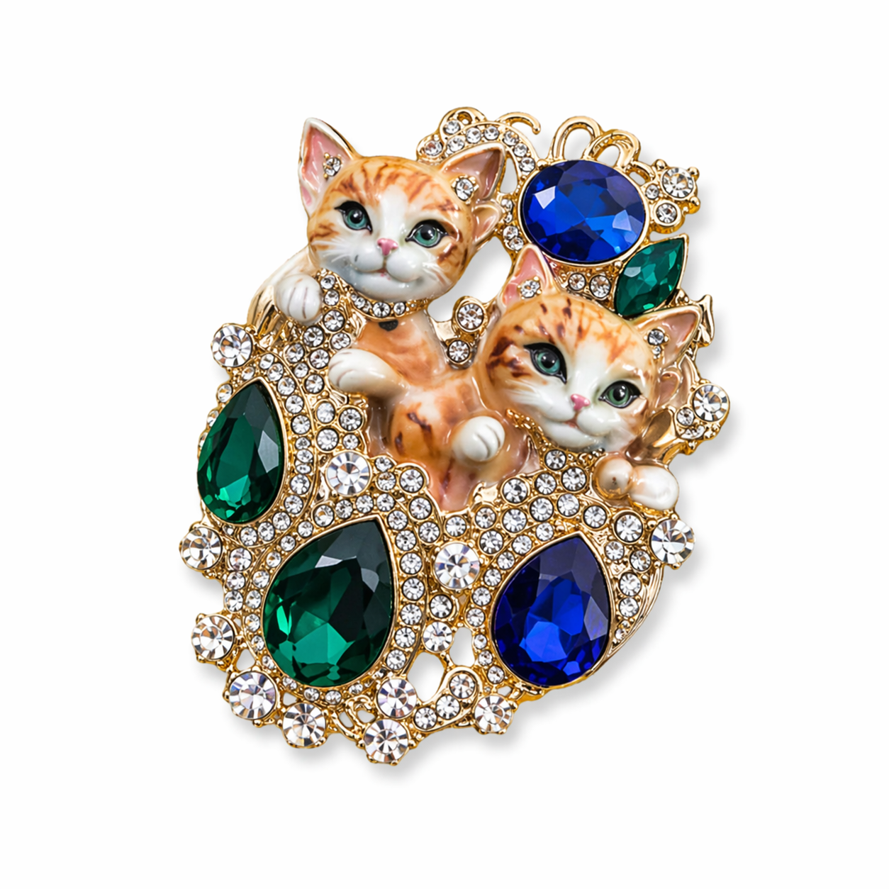 WHIMSICAL ENAMEL KITTEN BROOCH WITH CRYSTAL GEMS – EMERALD & SAPPHIRE COLOR CAT PIN