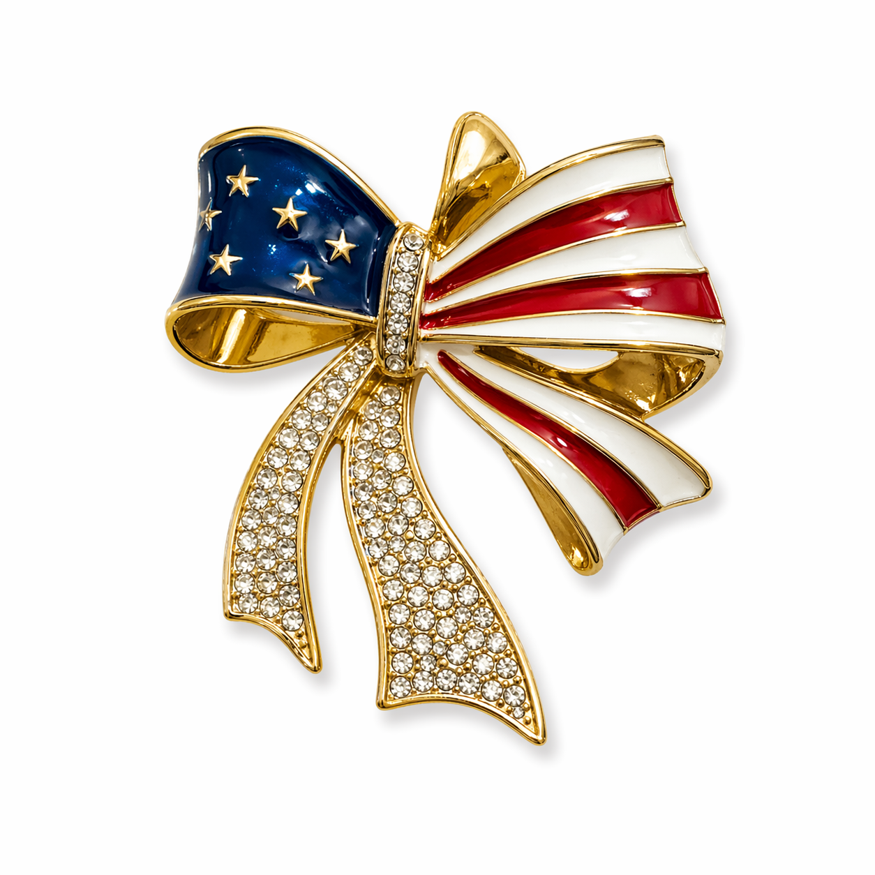 LIBERTY BOW AMERICAN FLAG RHINESTONE CRYSTAL BROOCH