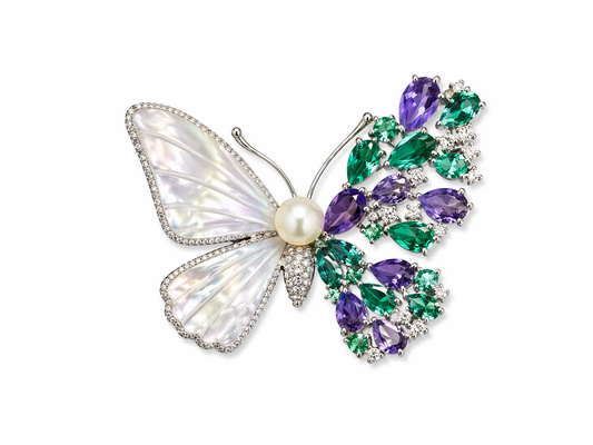 ASYMMETRICAL MOTHER OF PEARL & CRYSTAL BUTTERFLY BROOCH | PEARL CENTER PIN
