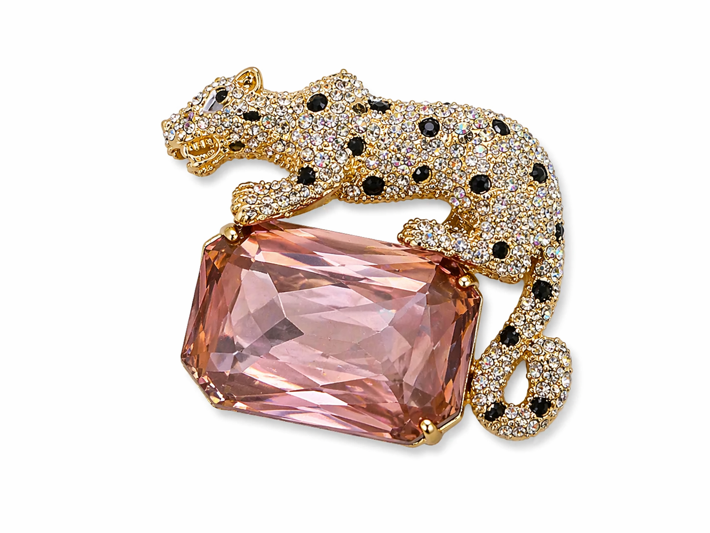 STATEMENT CRYSTAL PANTHER BROOCH | PAVE LEOPARD PIN WITH LARGE PINK STONE