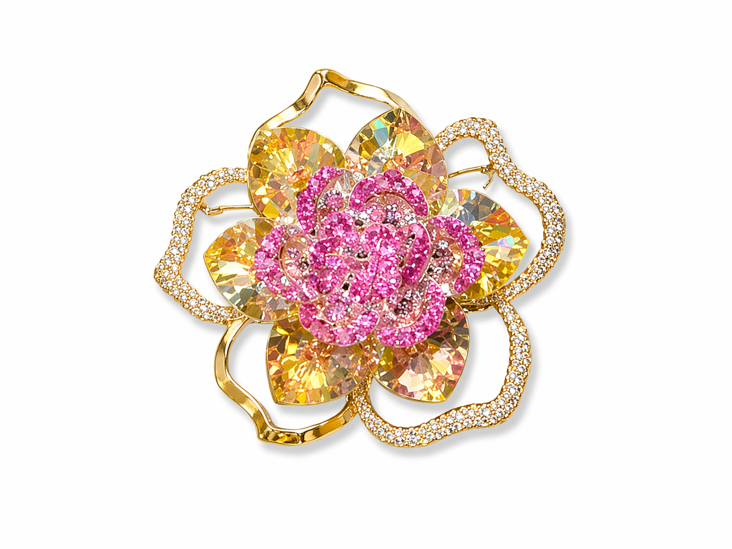 STATEMENT CRYSTAL FLOWER BROOCH | PINK & YELLOW GEMSTONE FLORAL PIN