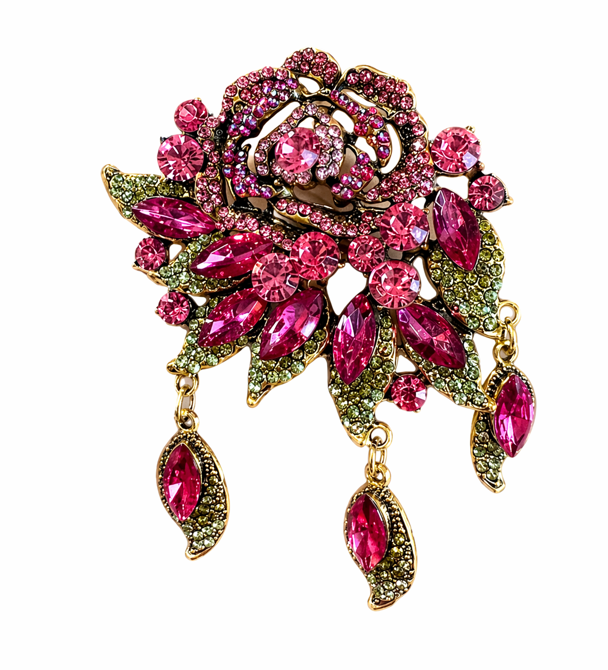 VINTAGE STYLE FUCHSIA CRYSTAL ROSE BROOCH – DANGLE DROP FLORAL STATEMENT PIN