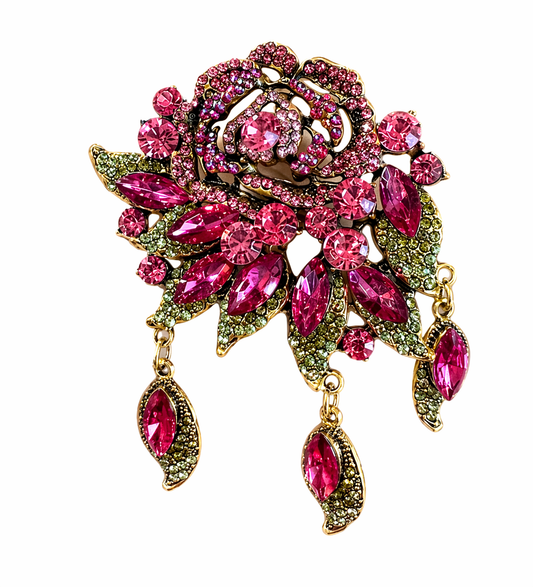 VINTAGE STYLE FUCHSIA CRYSTAL ROSE BROOCH – DANGLE DROP FLORAL STATEMENT PIN
