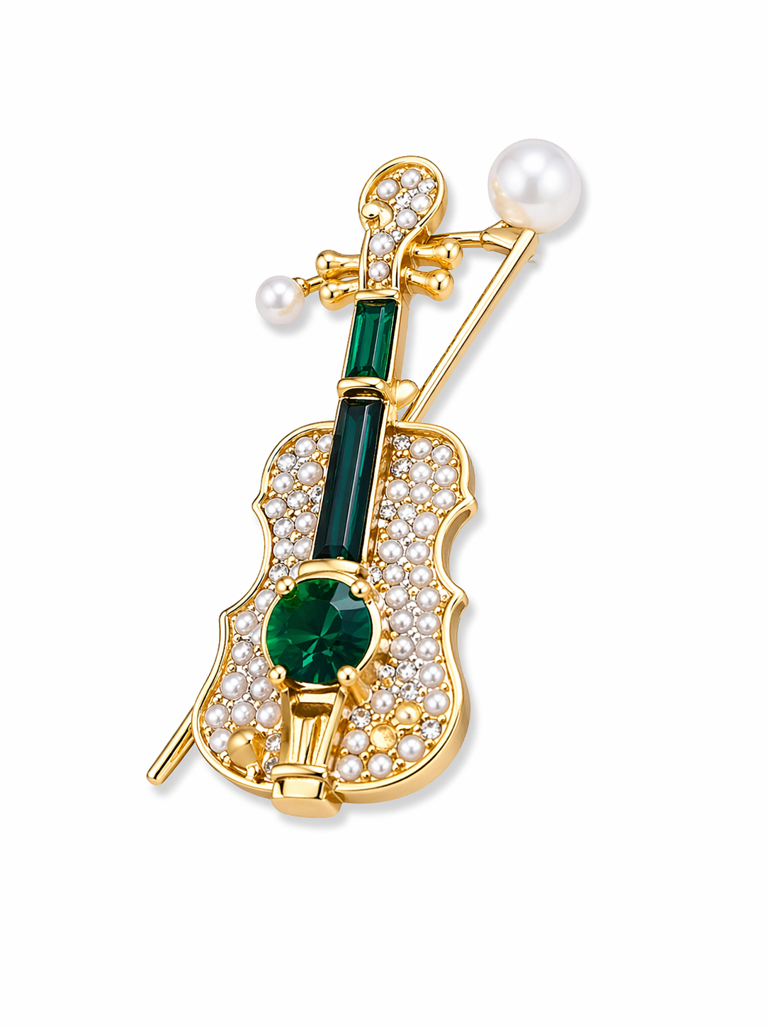 VINTAGE STYLE CRYSTAL & ENAMEL VIOLIN BROOCH – MUSICAL INSTRUMENT PIN WITH PEARL