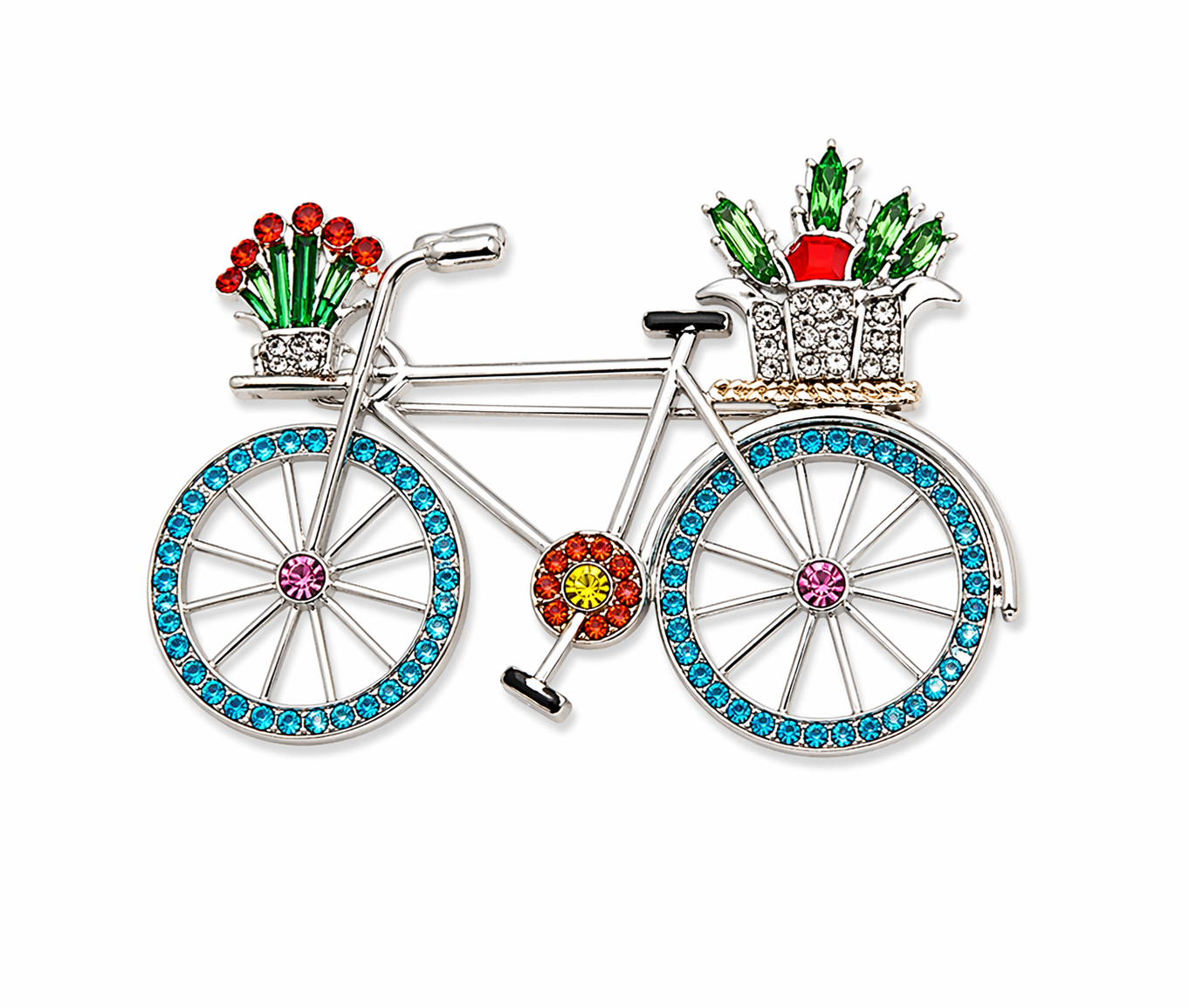WHIMSICAL ENAMEL & CRYSTAL BICYCLE BROOCH – FLOWER BASKET BIKE PIN