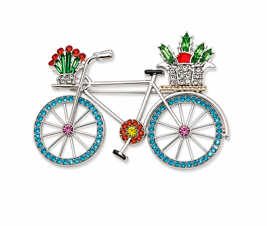 WHIMSICAL ENAMEL & CRYSTAL BICYCLE BROOCH – FLOWER BASKET BIKE PIN