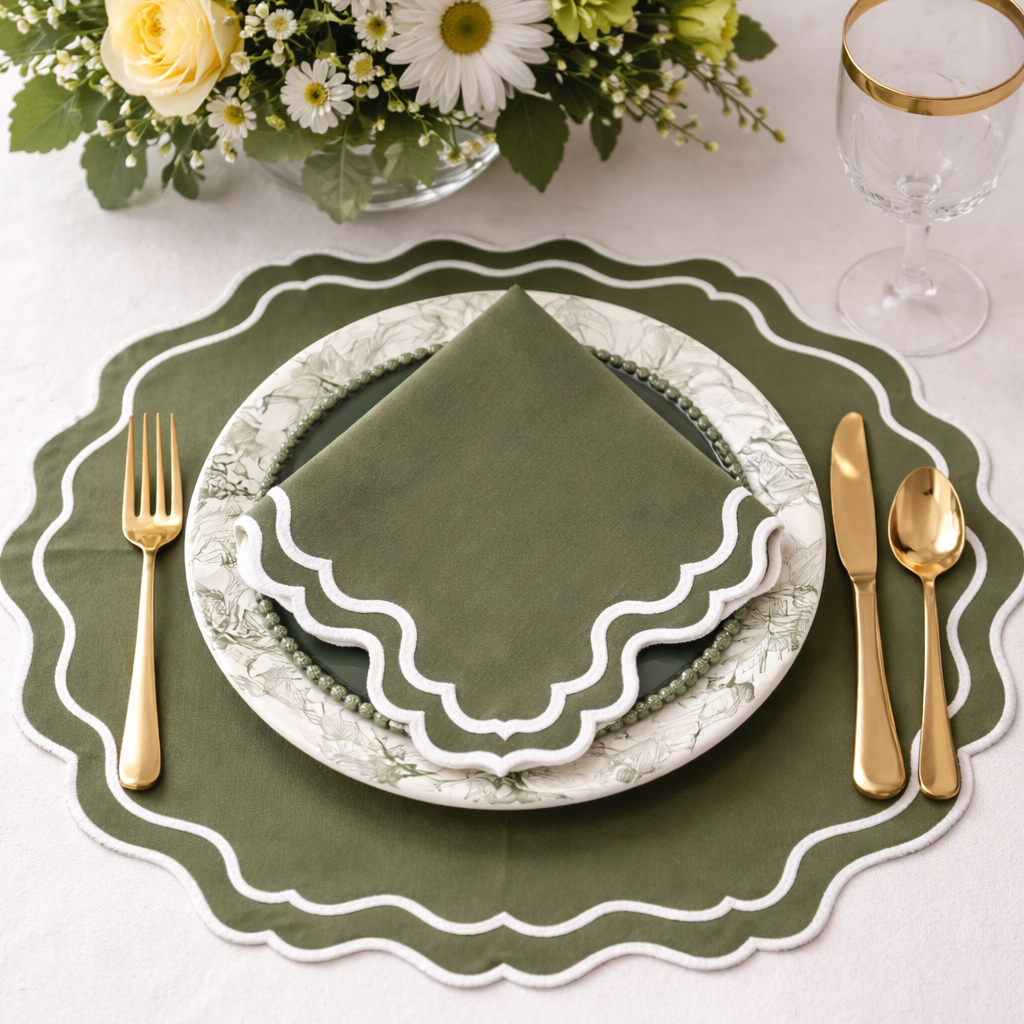 BREEZE DARK GREEN OVAL FABRIC PLACEMAT & NAPKIN SET