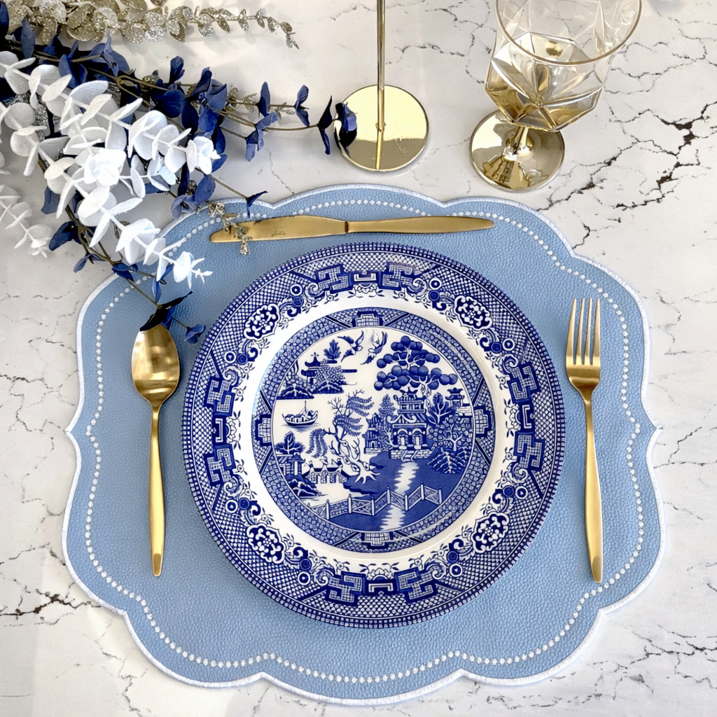 Velour Light Blue Rectangle Faux Leather Placemat  – styled for sophisticated table settings, made from cruelty-free vegan leather with refined embroidery and easy-to-clean finish. Exclusively by PNR Decor.