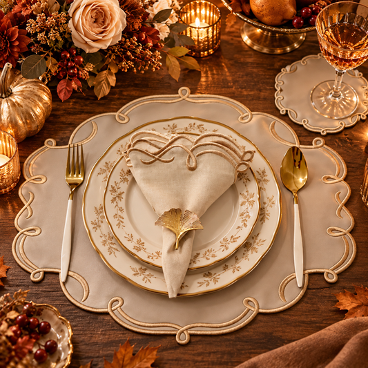 CELESTIA BEIGE OVAL FAUX LEATHER PLACEMAT & COASTER SET (Set Of 4)