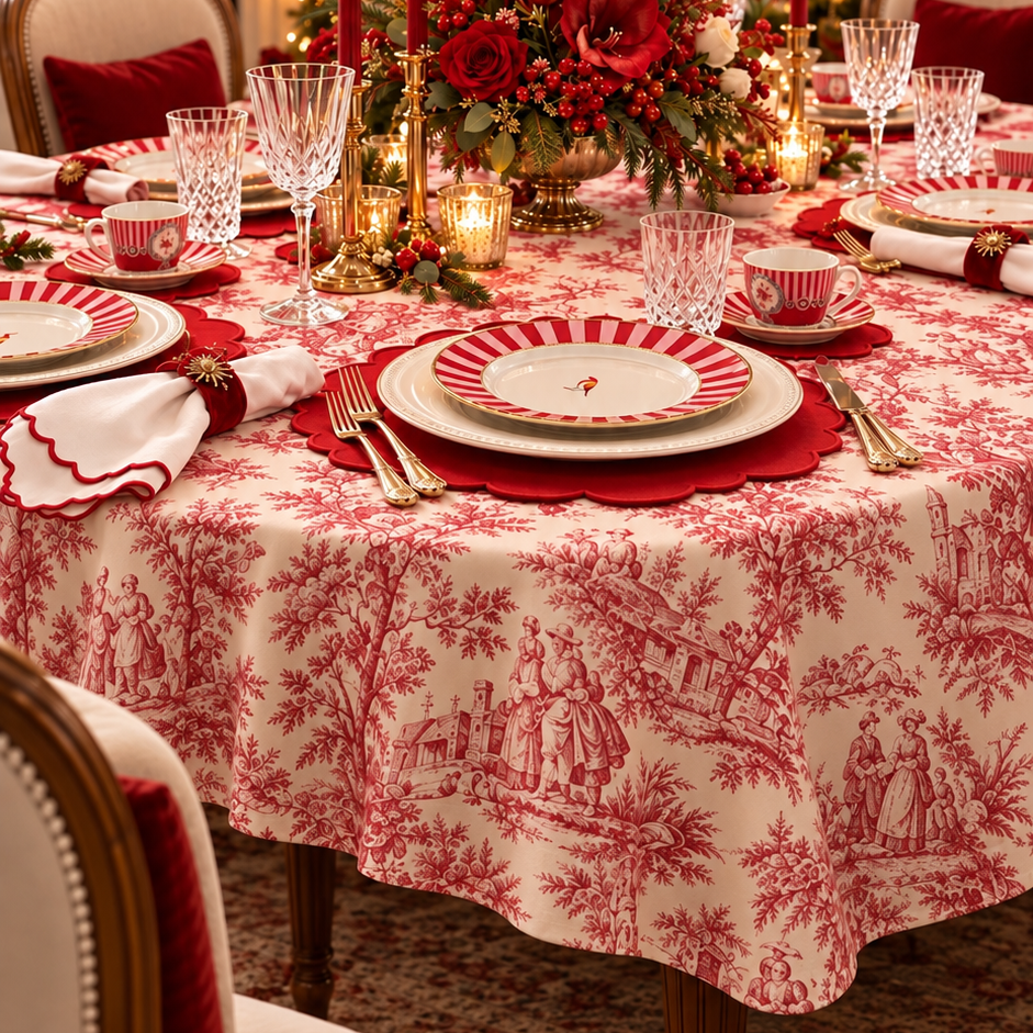 MYRELUNE VINTAGE RED & WHITE WATERPROOF RECTANGLE TABLECLOTH