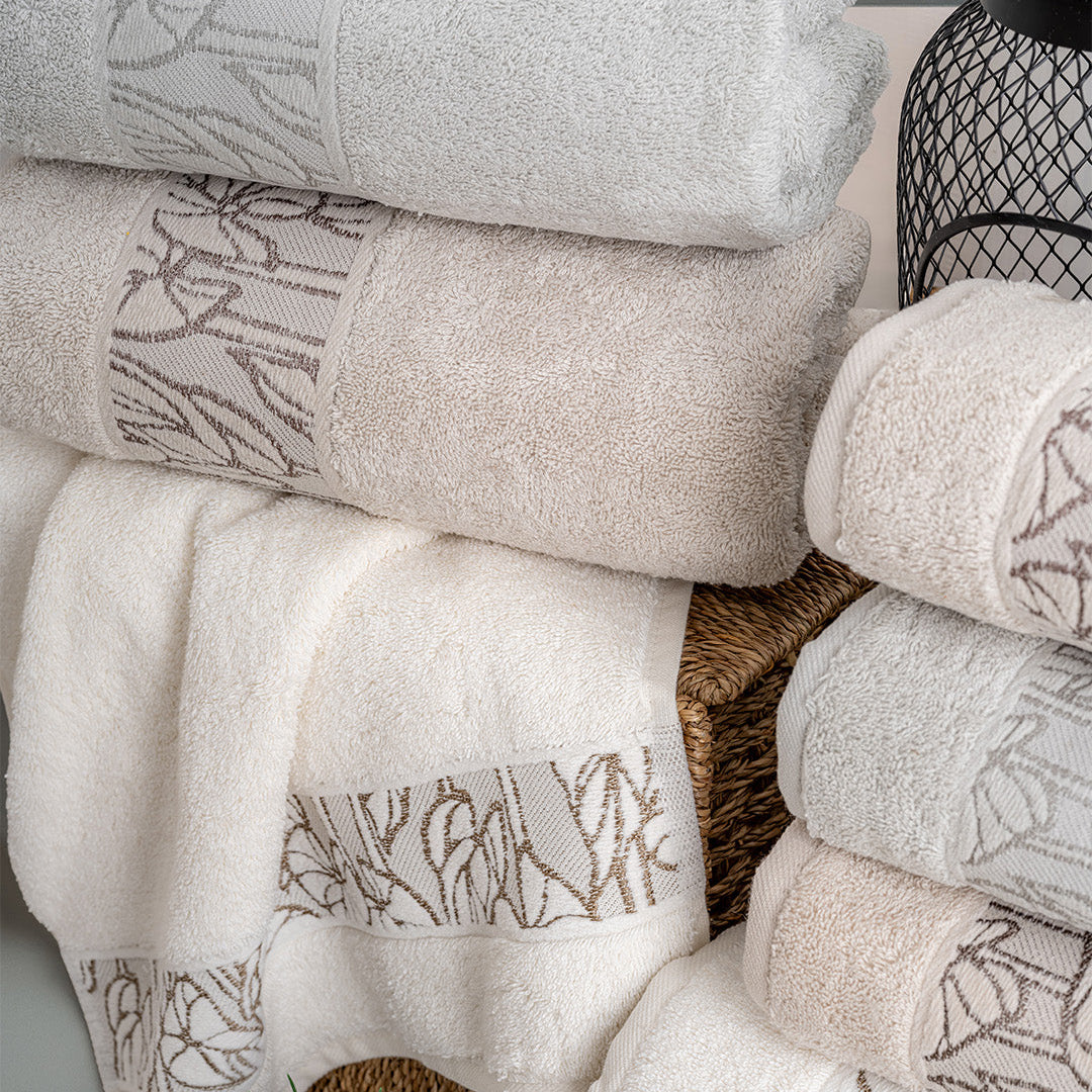 Lavaya Garden embroidered kitchen towels hanging in a bright kitchen setup for everyday use by PNRDECOR ship from USA