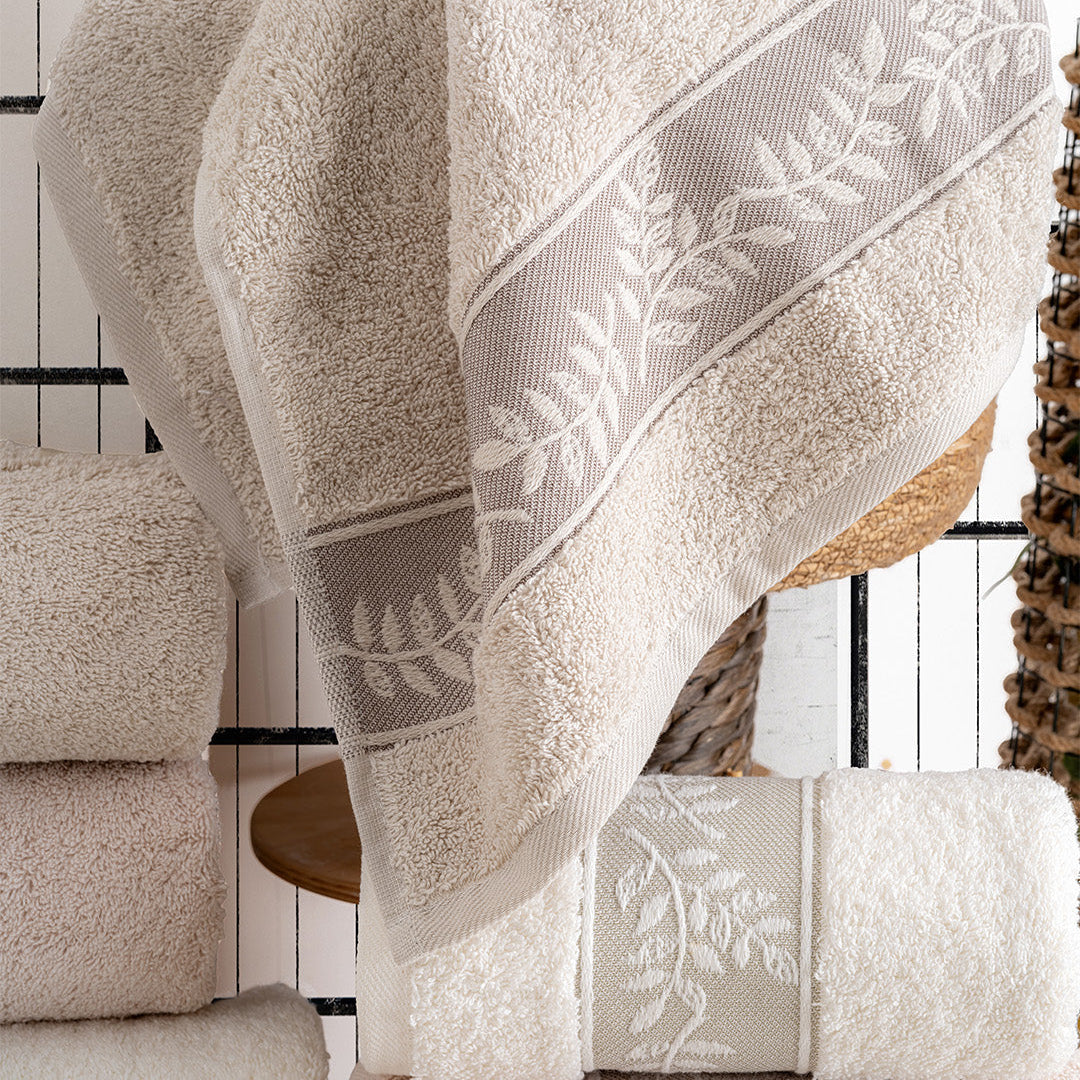 Close up of Lavaya Luna towels showing embroidered detail and soft fabric texture by PNRDECOR ship from USA