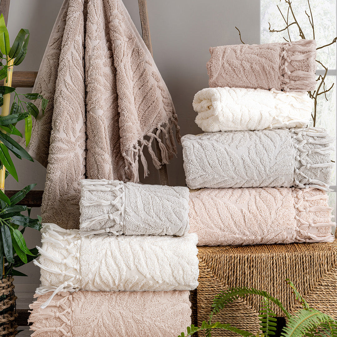 Lavaya Merlin embroidered towel set with premium hand and kitchen towels styled for a clean modern home by PNRDECOR ship from USA