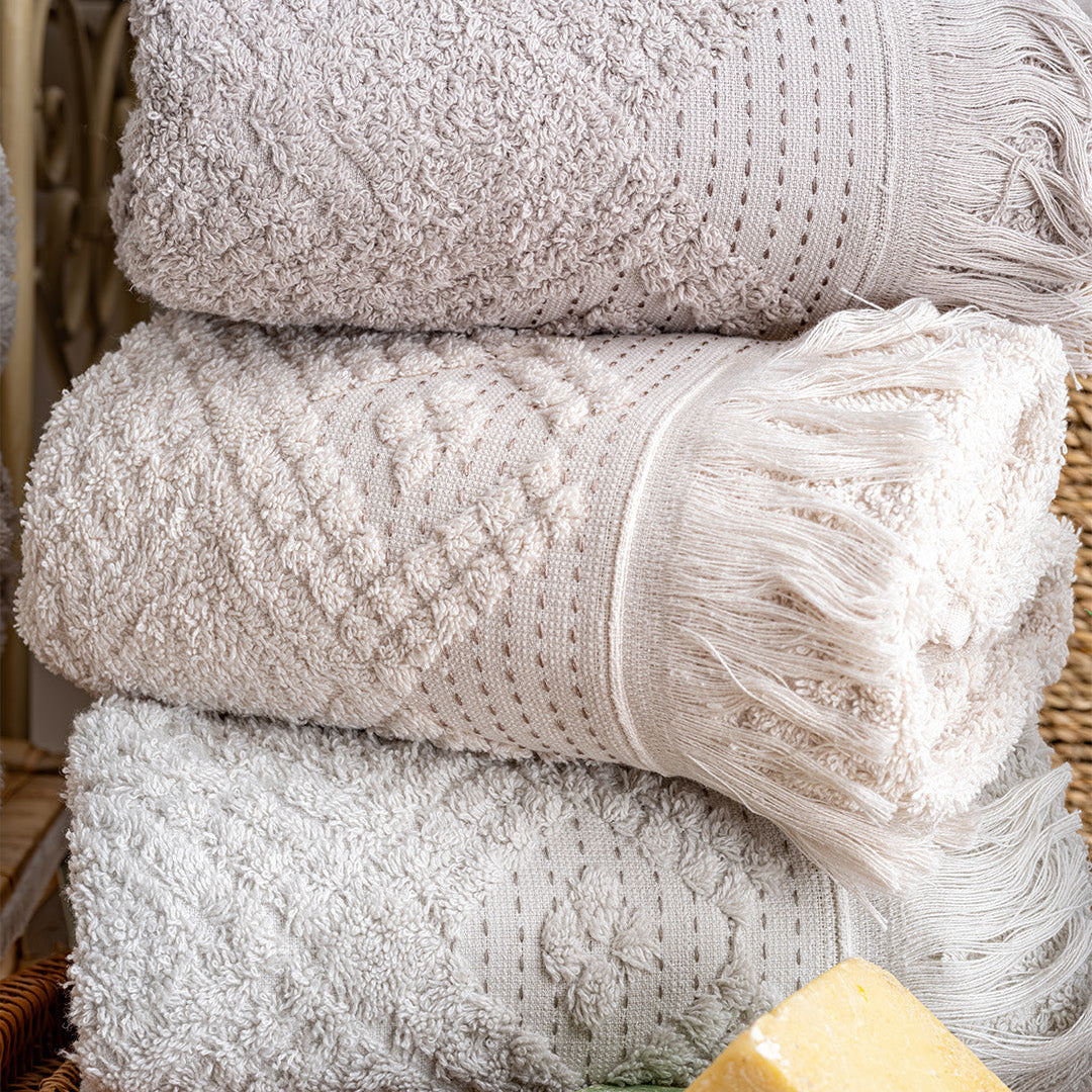 Lavaya Perla embroidered kitchen towels hanging in a bright kitchen setup for everyday use by PNRDECOR ship from USA