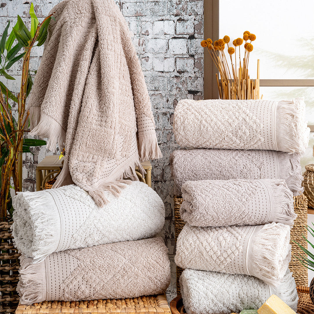 Lavaya Perla embroidered towel set with premium hand and kitchen towels styled for a clean modern home by PNRDECOR ship from USA