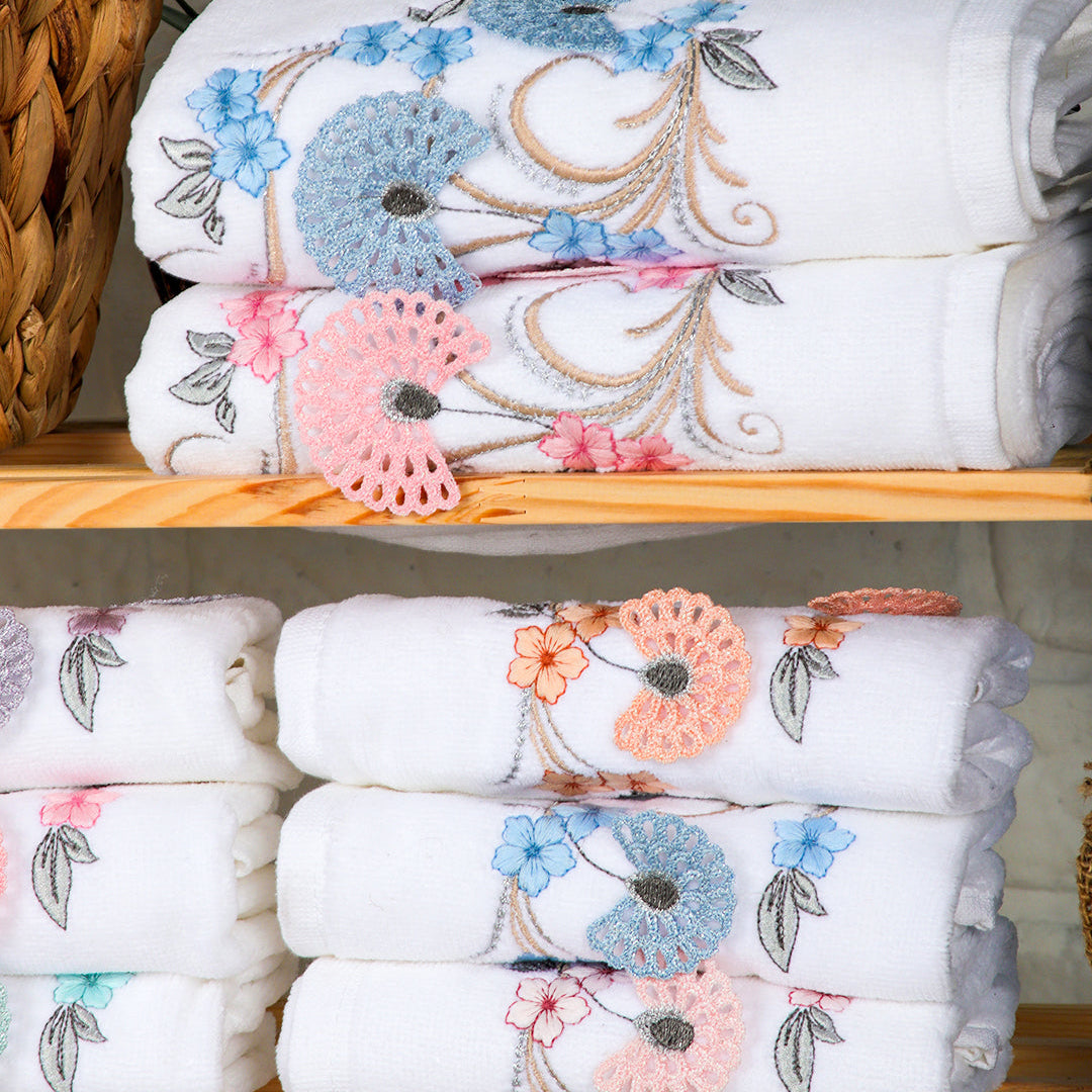 Lunara embroidered kitchen towels hanging in a modern kitchen setup for everyday use by PNRDECOR ship from USA