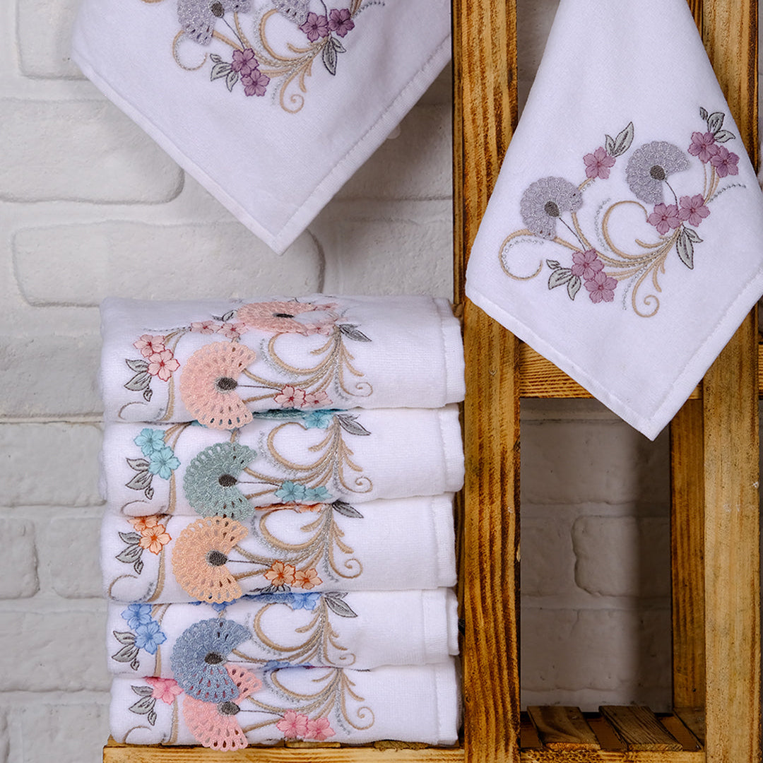 Close up of Lunara velvet towels showing embroidered detail and plush velvet texture by PNRDECOR ship from USA