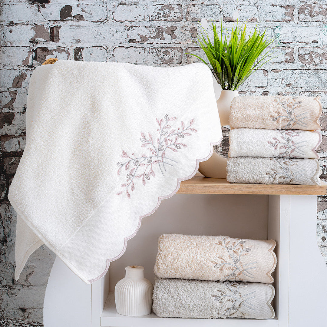 Mollis embroidered cotton towel set with premium hand and kitchen towels styled for a clean modern home by PNRDECOR ship from USA