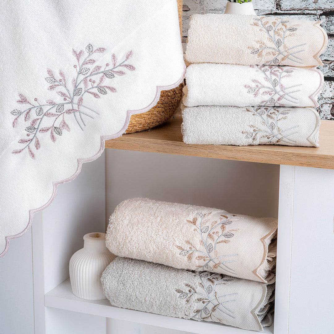 Mollis embroidered kitchen towels hanging in a bright kitchen setup for everyday use by PNRDECOR ship from USA