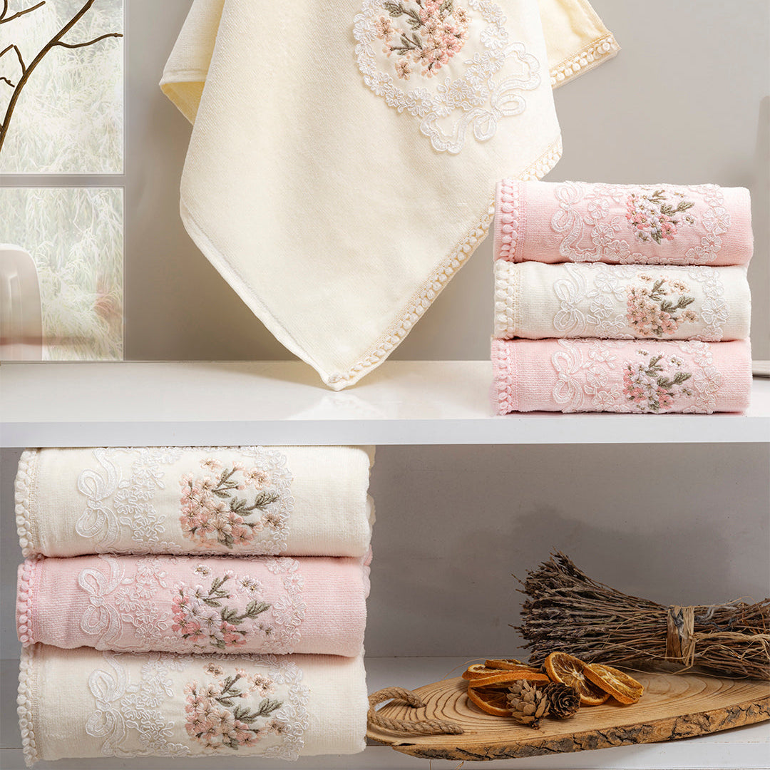 Nuvee embroidered kitchen towels hanging in a modern kitchen setup for everyday use by PNRDECOR ship from USA