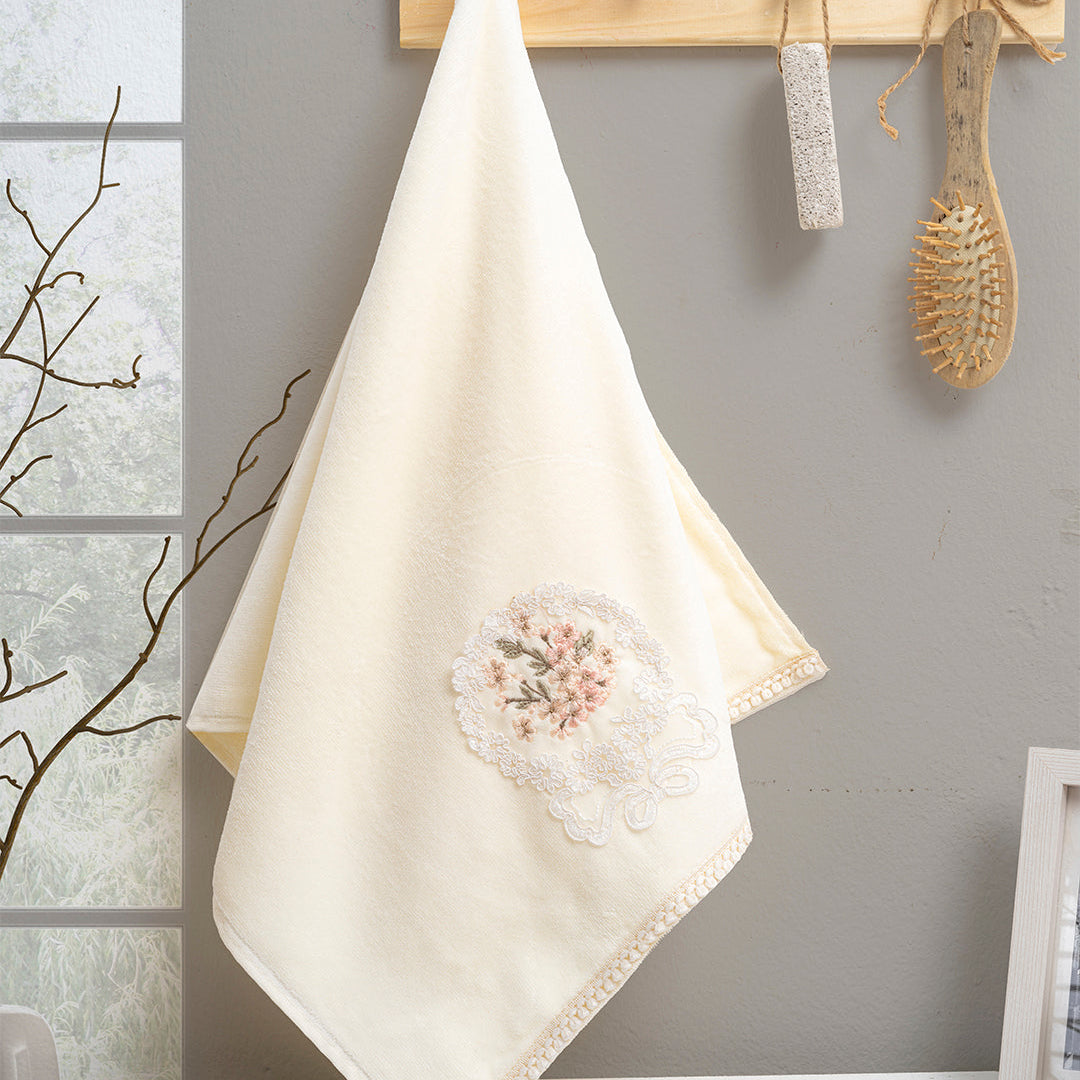 Close up of Nuvee velvet towels showing embroidered detail and plush velvet texture by PNRDECOR ship from USA