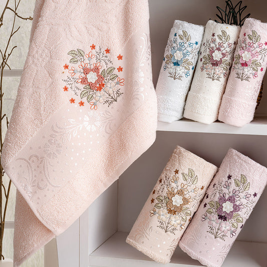 Pluma embroidered cotton towel set with premium hand and kitchen towels styled for a clean modern home by PNRDECOR ship from USA