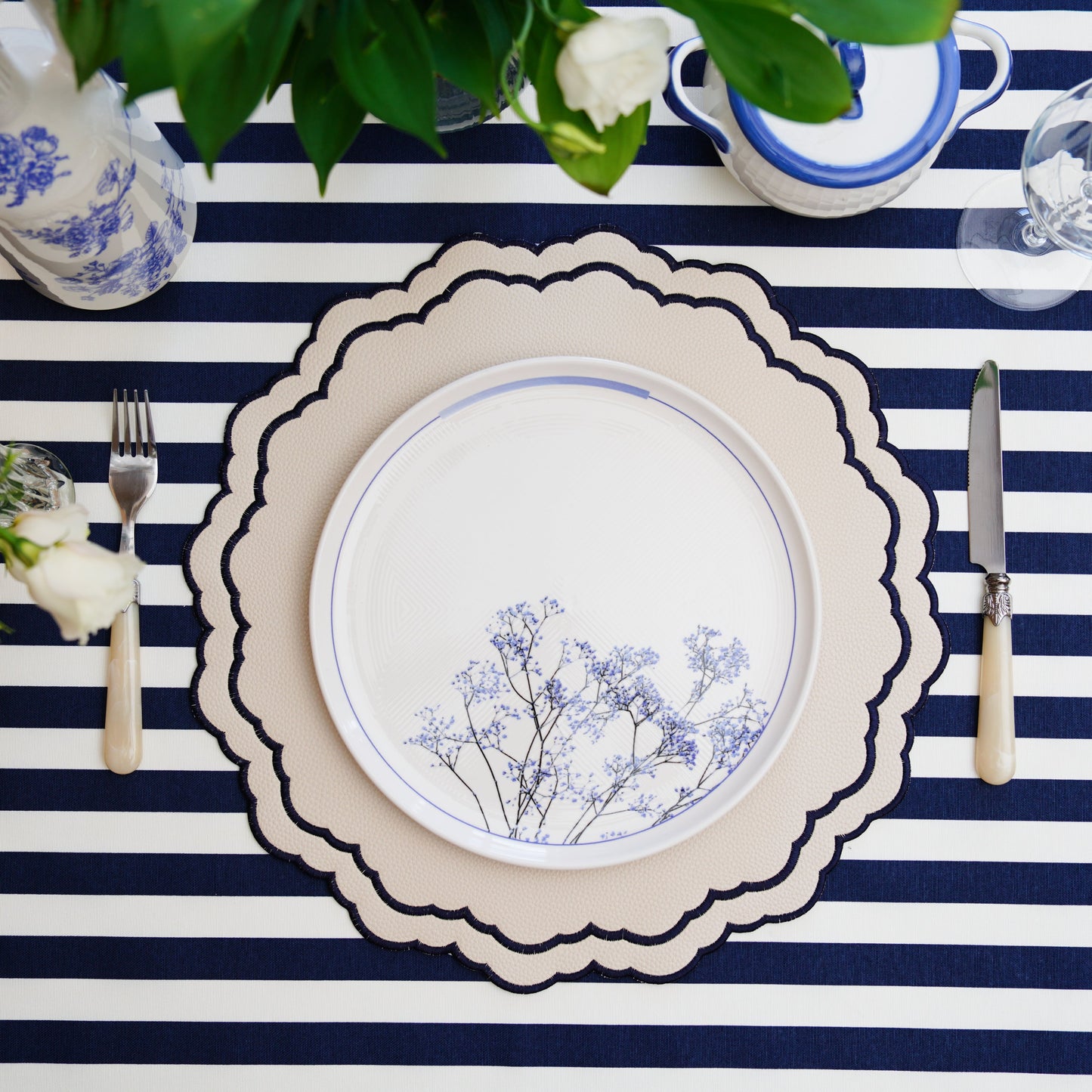 Scarlett White Navy Decorative Vegan Leather Placemat – Eco-friendly elegance featuring intricate embroidery, durable double-layered vegan leather, and easy-clean functionality. Designed by PNR Decor.