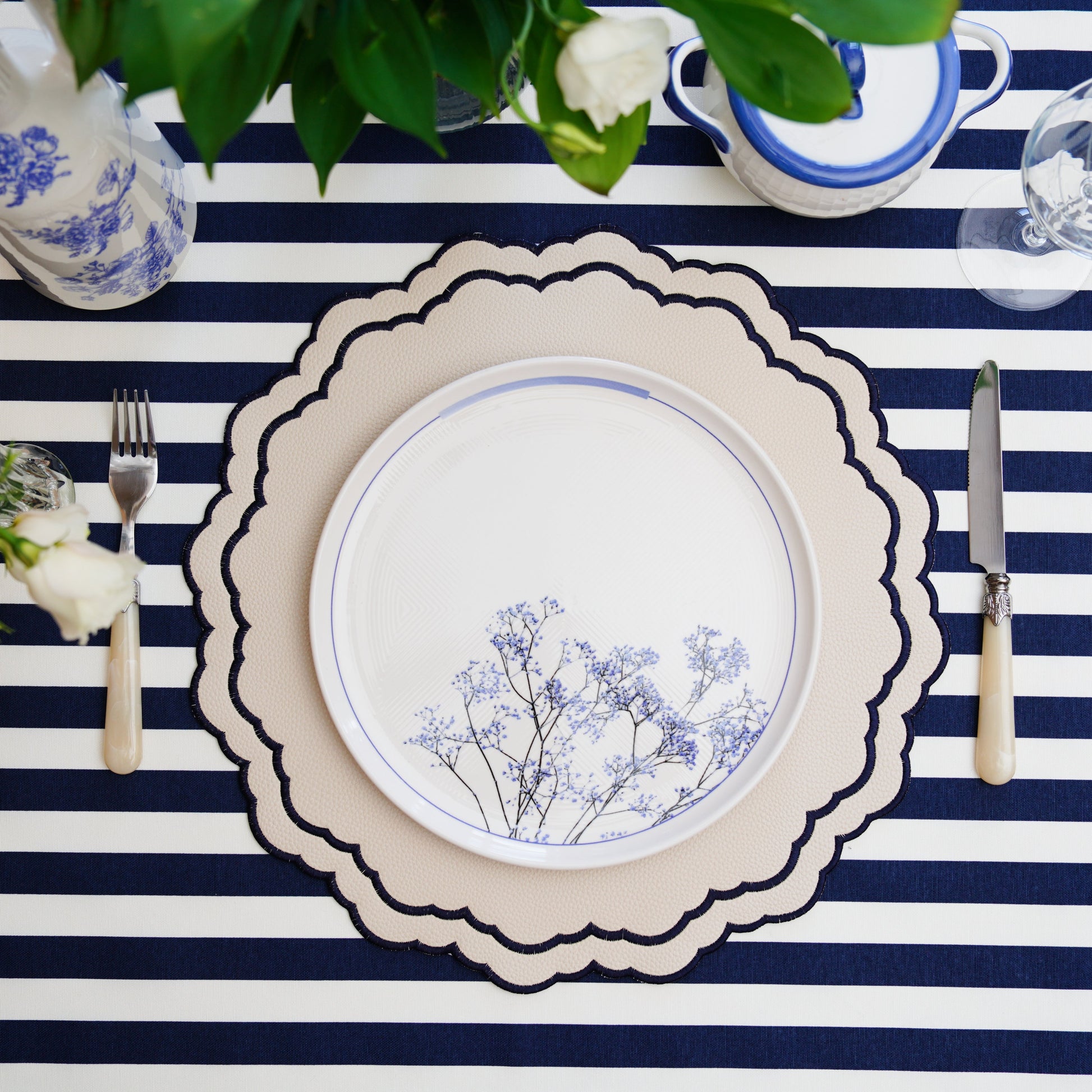Scarlett White Navy Decorative Vegan Leather Placemat – Eco-friendly elegance featuring intricate embroidery, durable double-layered vegan leather, and easy-clean functionality. Designed by PNR Decor.