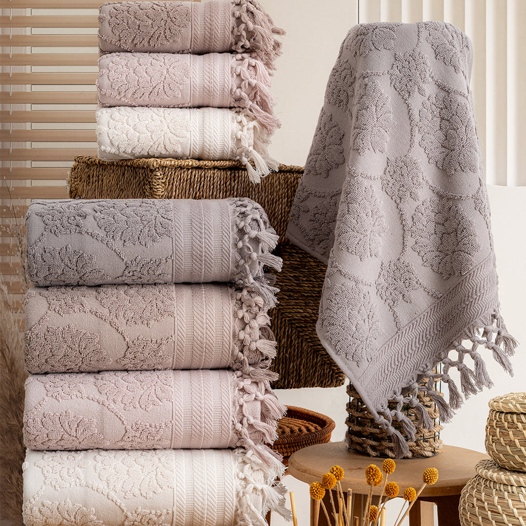 Serava Harem embroidered towel set with premium hand and kitchen towels styled for a clean modern home by PNRDECOR ship from USA