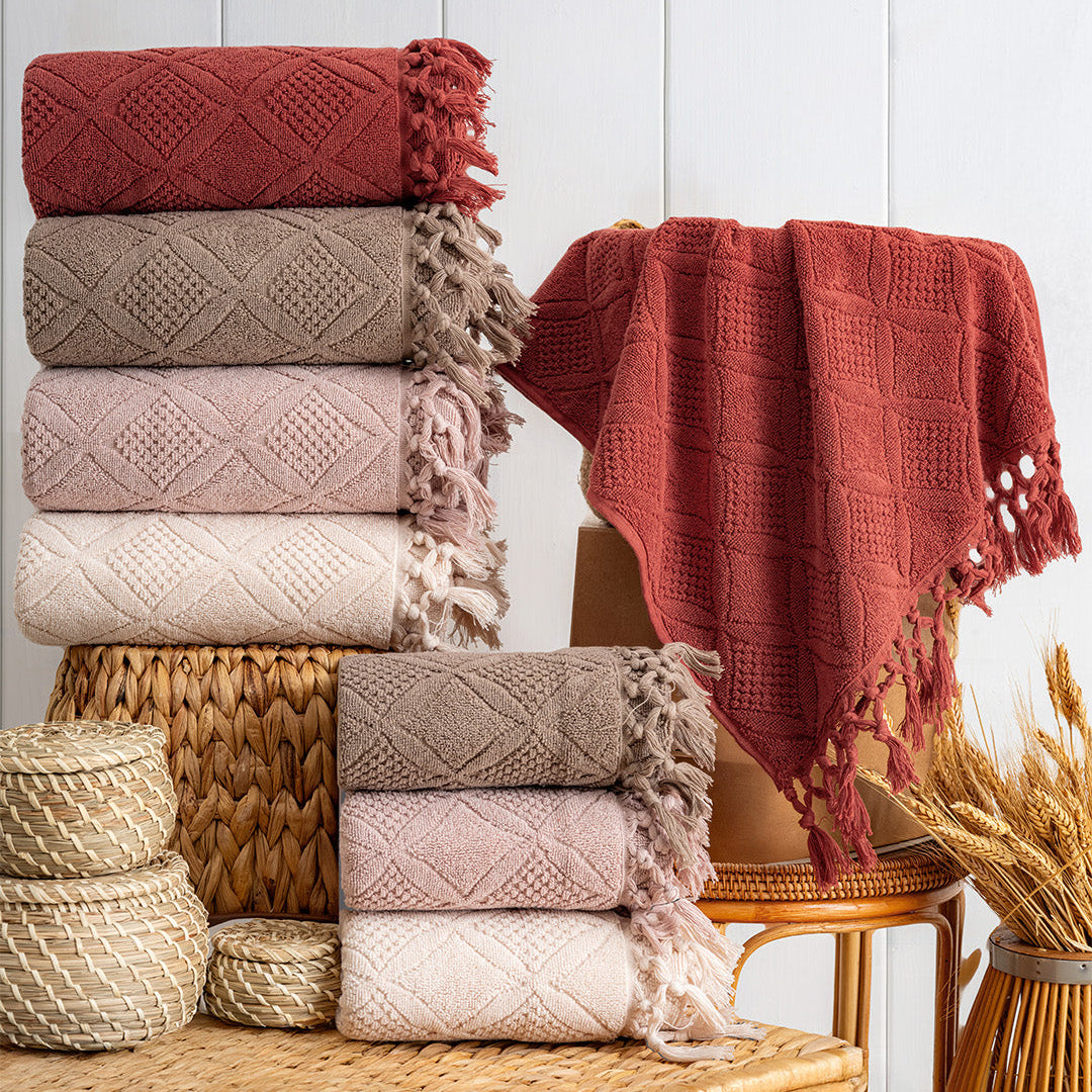 Serava Porto embroidered towel set with premium hand and kitchen towels styled for a clean modern home by PNRDECOR ship from USA