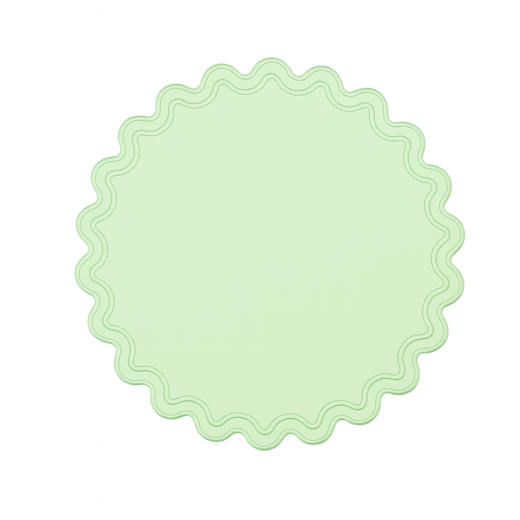 Solace light green scalloped faux leather placemat with wavy edge styled for a modern table setting by PNRDECOR ship from USA