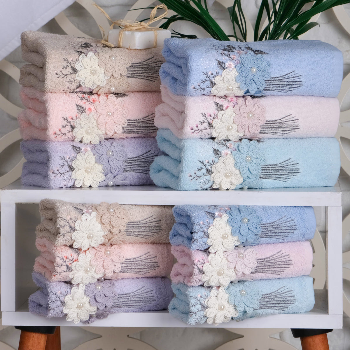Close up of Velora cotton towels showing embroidered detail and soft cotton texture by PNRDECOR ship from USA