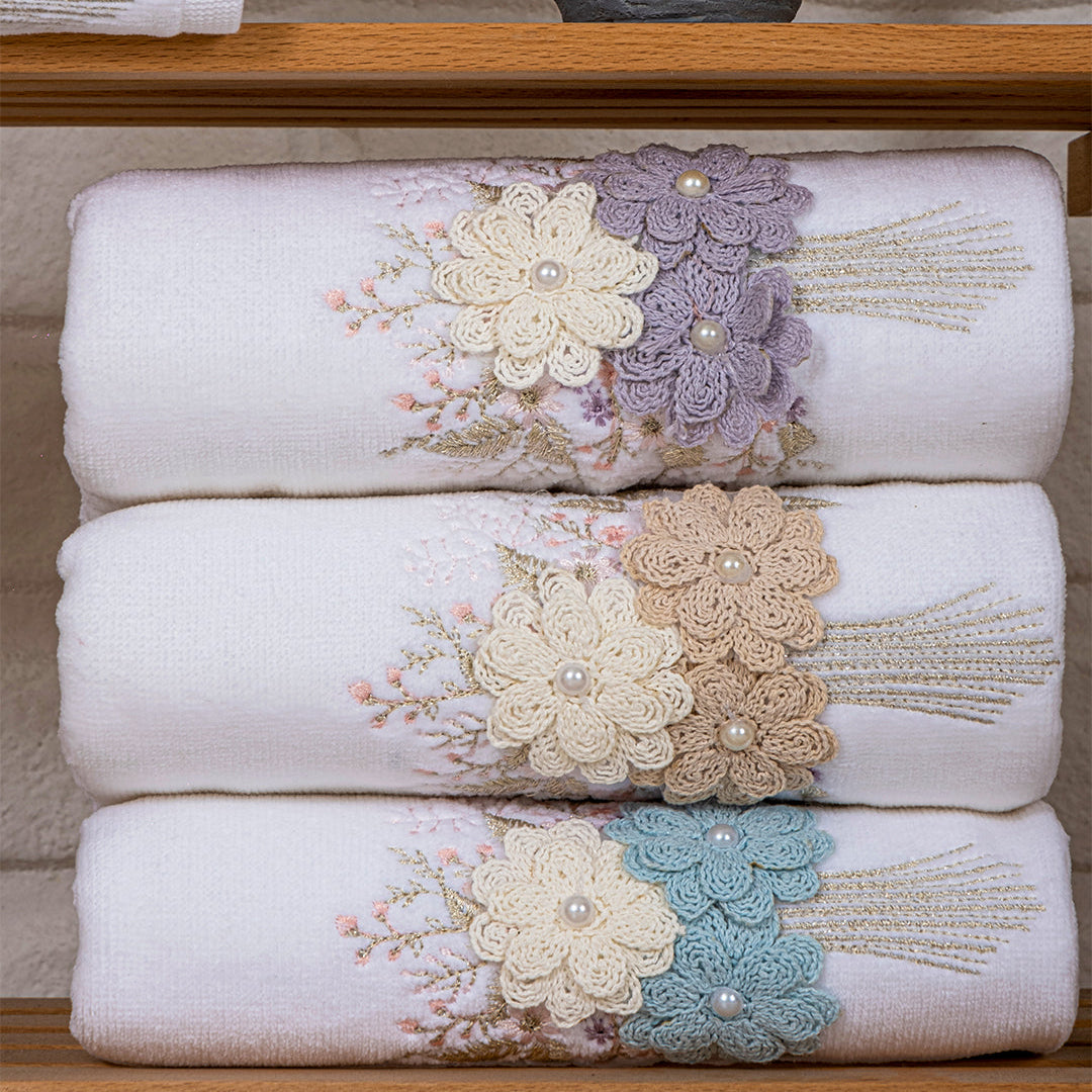 Close up of Velora velvet towels showing embroidered detail and plush velvet texture by PNRDECOR ship from USA