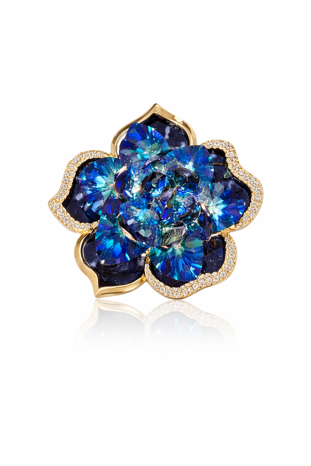 A sophisticated vintage-style gold-plated brooch featuring deep navy and vibrant red enamel accents, decorated with sparkling clear crystals in an elegant royal emblem design.
