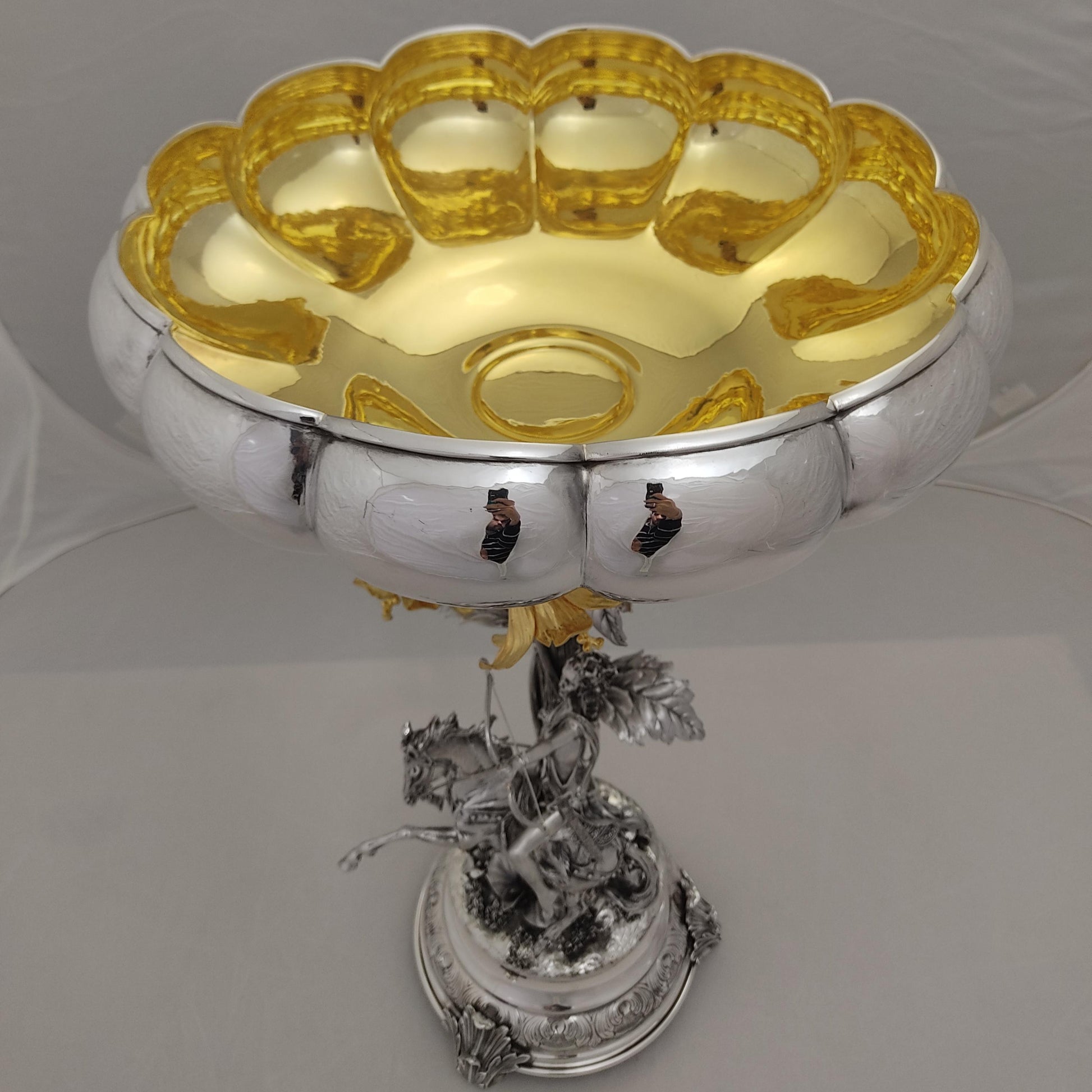 Top view of antique silver centerpiece with gilded interior bowl