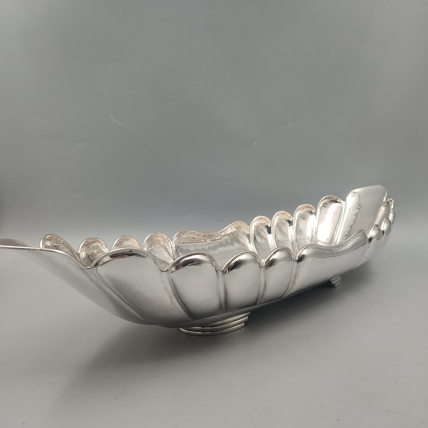 Side view of antique silver gondola bowl with fluted sides by PNR Decor ship from USA