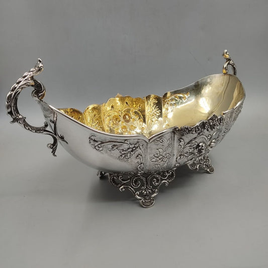 Side view of antique silver gondola bowl with gold washed interior by PNR Decor ship from USA