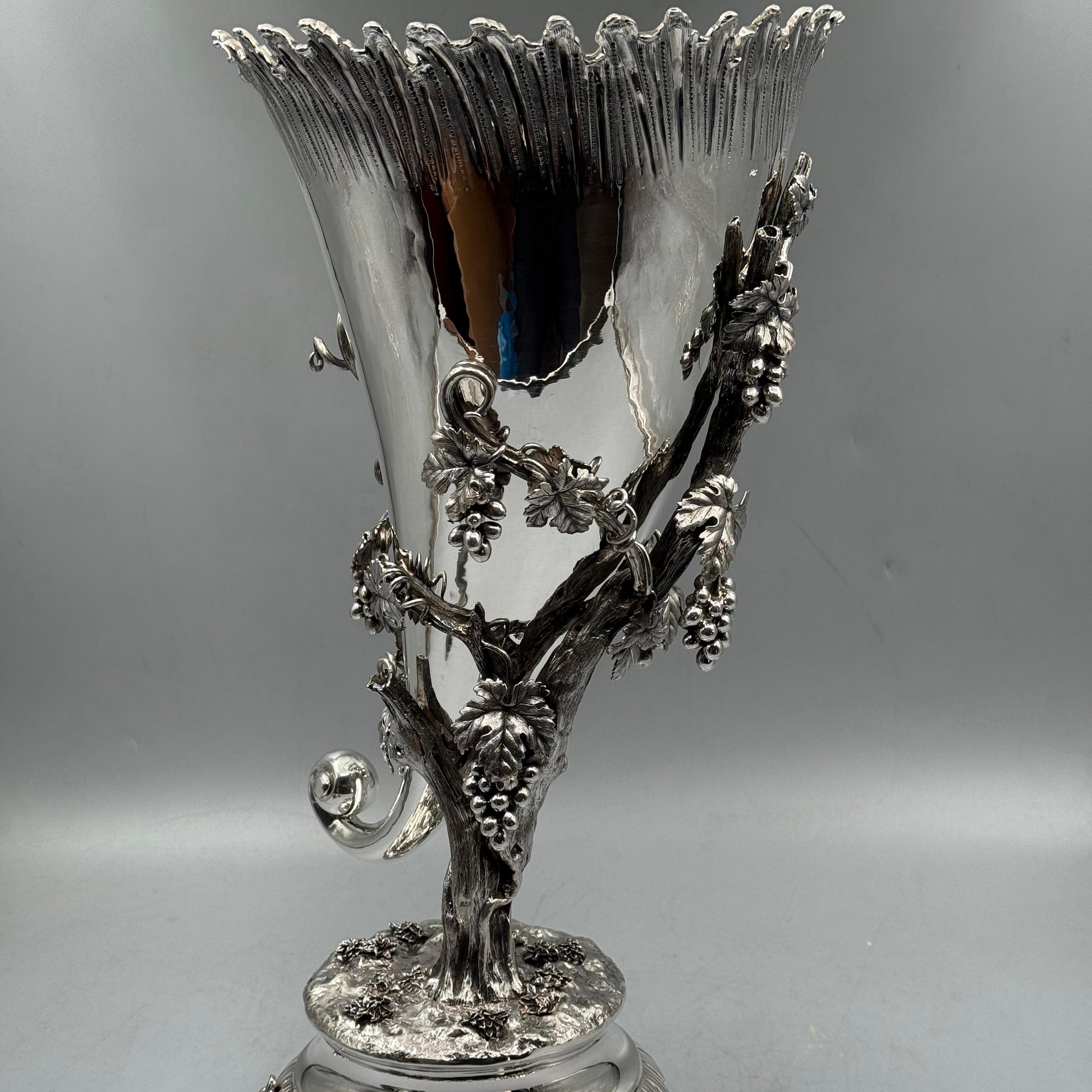 Full view of antique silver cornucopia vase with grapevine and grape clusters by PNR Decor ship from USA