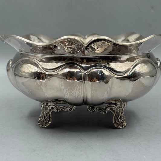 Front view of antique silver hammered footed bowl with ornate feet by PNR Decor ship from USA