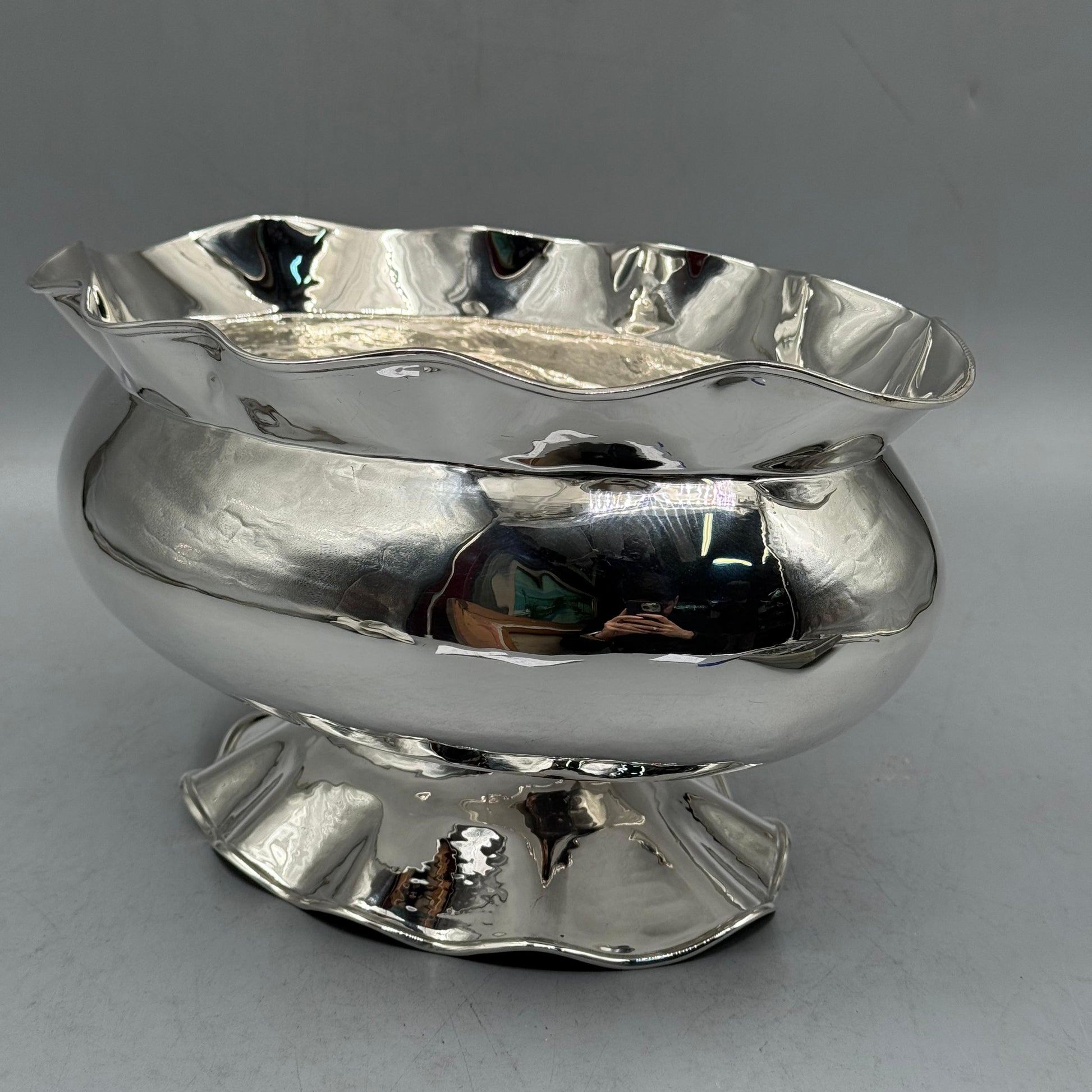Side view of antique silver bulbous bowl with wide ruffled rim by PNR Decor ship from USA