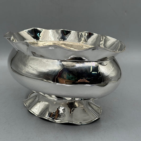 Side view of antique silver bulbous bowl with wide ruffled rim by PNR Decor ship from USA