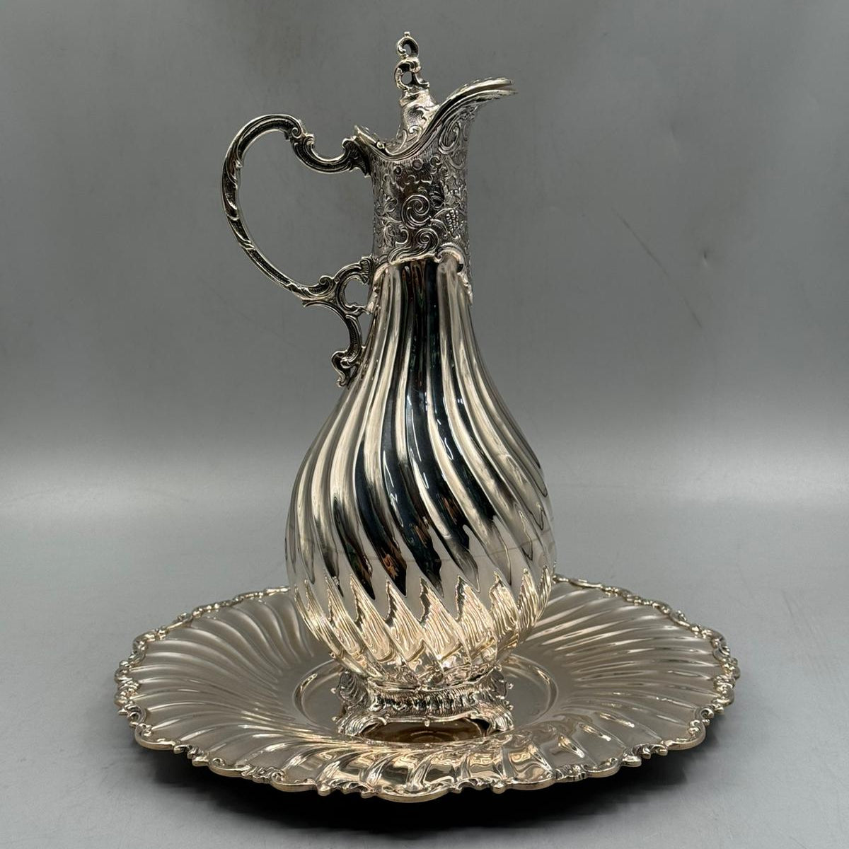 Front view of antique silver swirl fluted ewer and matching tray set by PNR Decor ship from USA