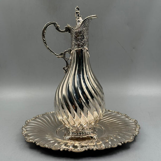 Front view of antique silver swirl fluted ewer and matching tray set by PNR Decor ship from USA