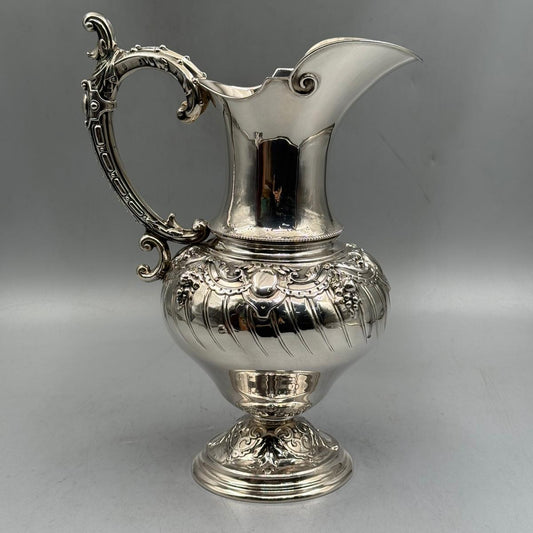 Front view of antique silver pitcher with swirl fluted body by PNR Decor ship from USA