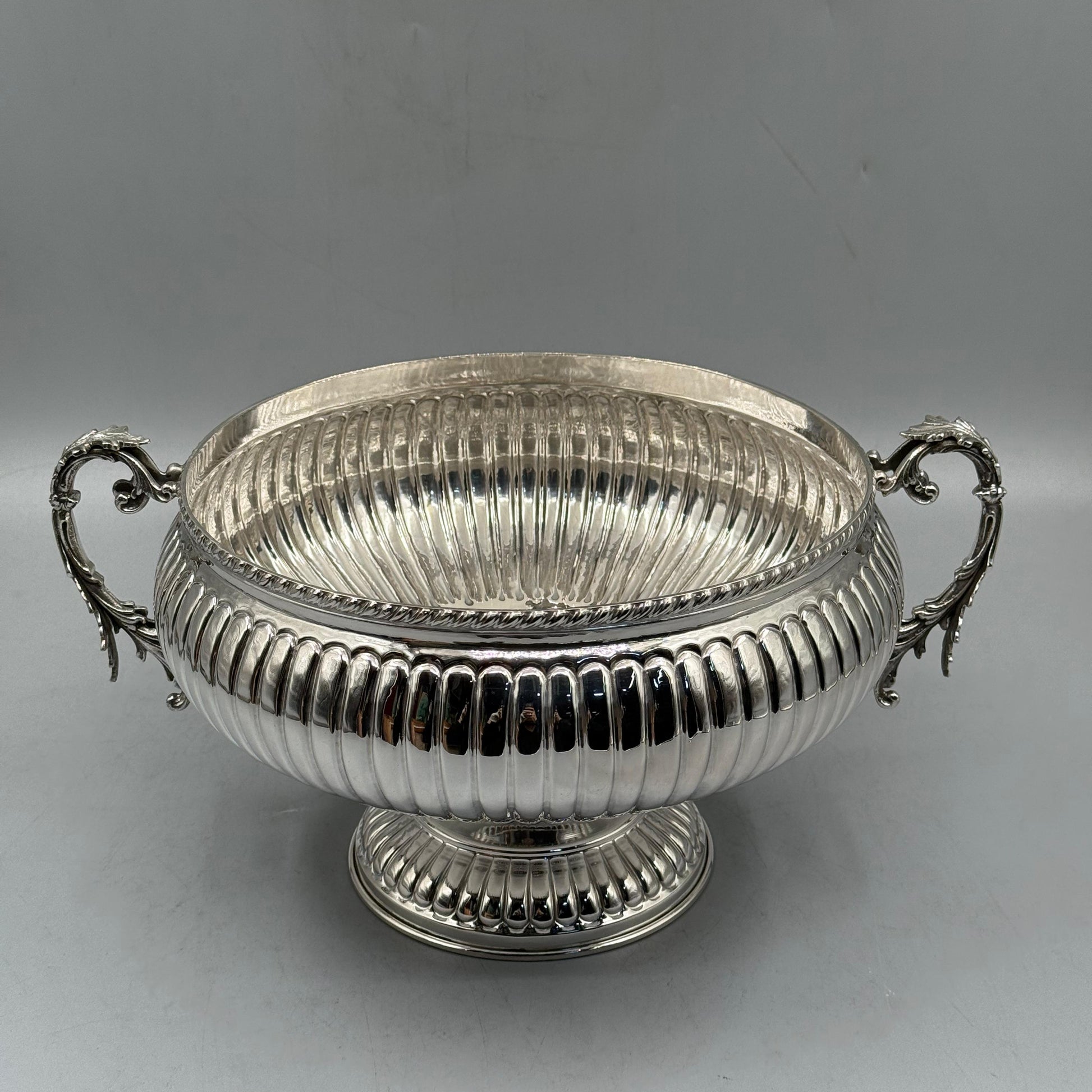 Front view of antique silver centerpiece bowl with two handles by PNR Decor ship from USA