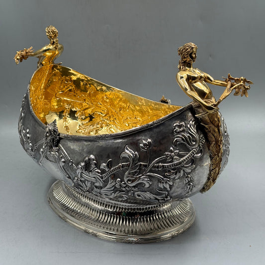 Full view of antique silver gondola bowl with gold mermaid handles by PNR Decor ship from USA