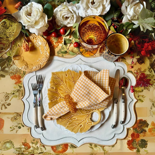 Flatlay view of the Arista Cream Fabric Placemat with embroidered detailing – perfect for elegant dining setups – by PNR Decor
