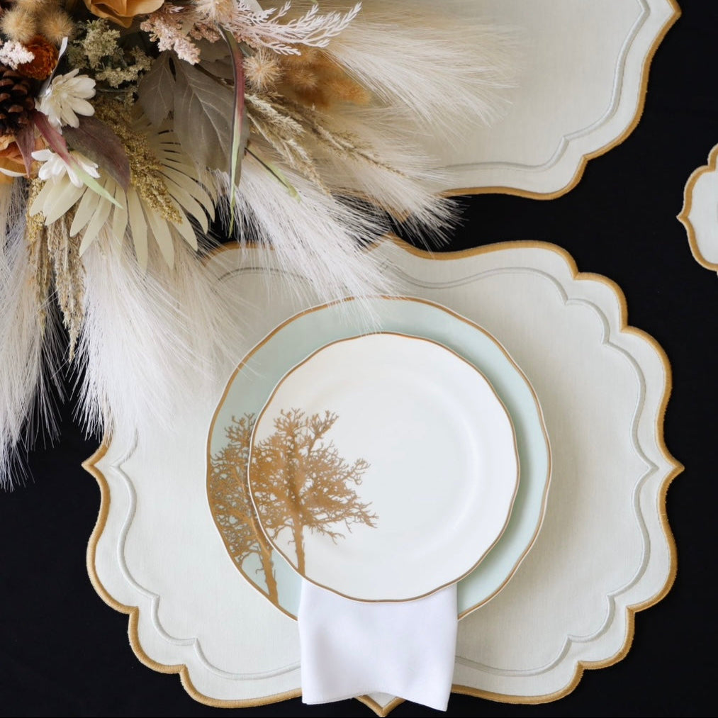 Flatlay view of the Arista Cream Fabric Placemat with embroidered detailing – perfect for elegant dining setups 