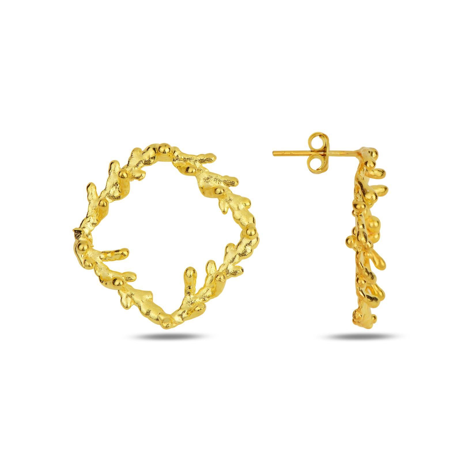 Front and side views of artisanal gold-plated silver pine twig square stud earrings. The side view clearly shows the post and butterfly backing, while the front view displays the bold geometric and organic design.